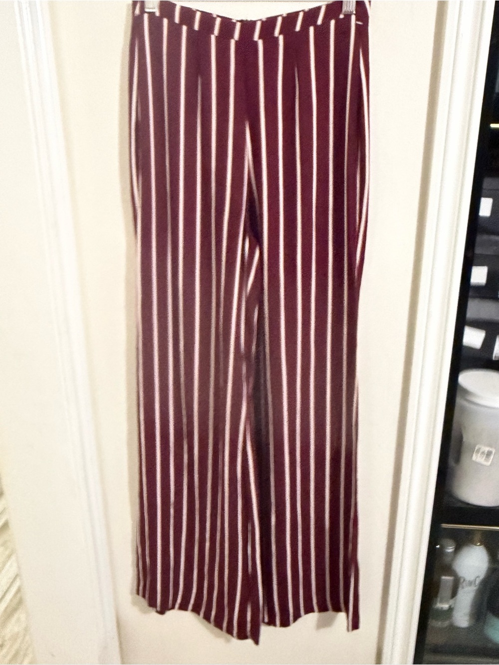 Reformation Burgundy and White Vertical Stripe Wide-Leg Pants